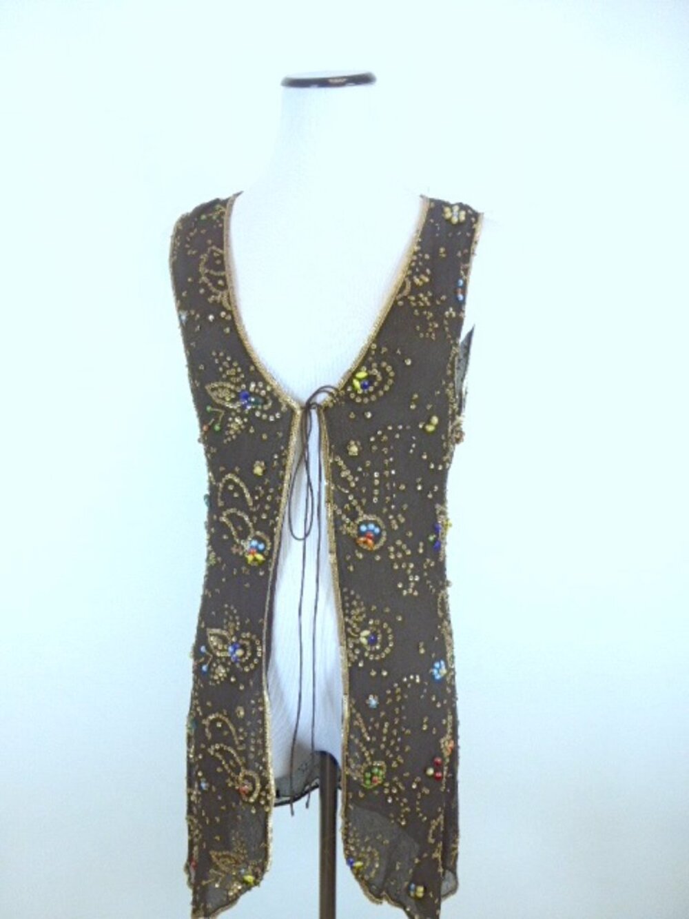 MEGAN PARK Anthropologie beaded SILK TUNIC Vest butterfly TOP brown S